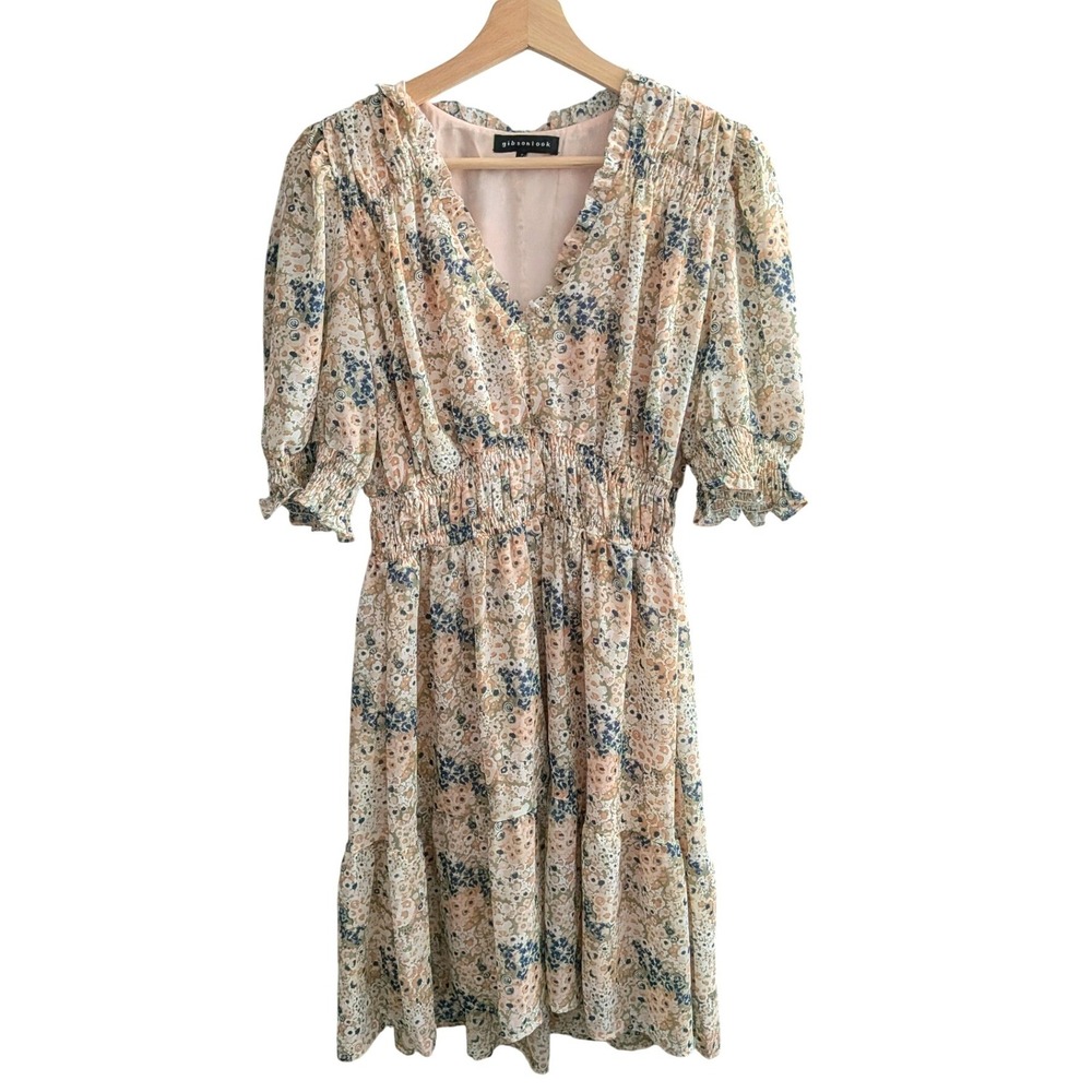Gibsonlook Floral Smocked Mini‎ Dress Puff Sleeve Cottagecore Boho Size S